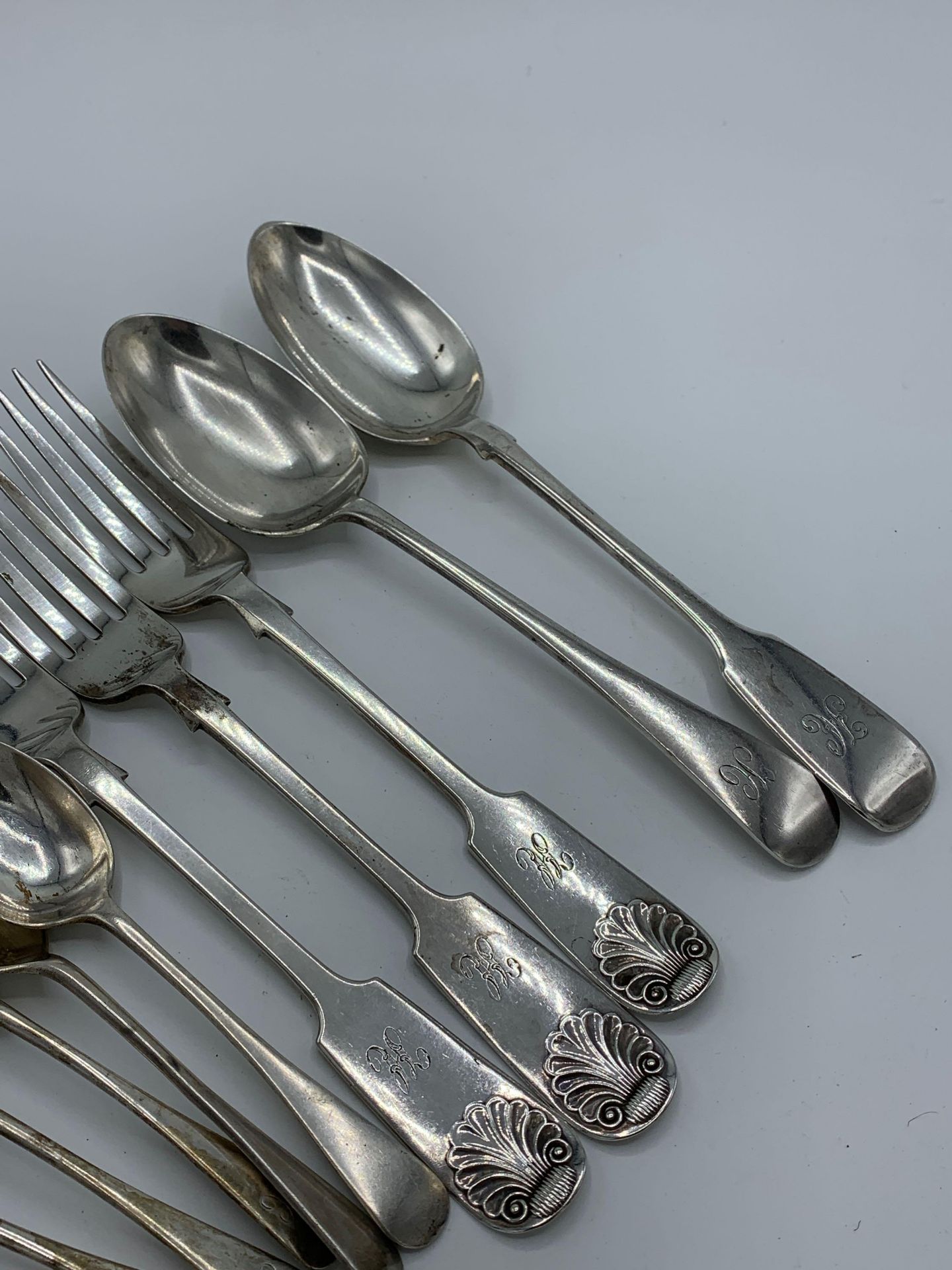 Two hallmarked silver table spoons and three table forks, and other silver cutlery - Image 2 of 3