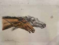 A lithographic print of racehorses together with a framed and glazed print