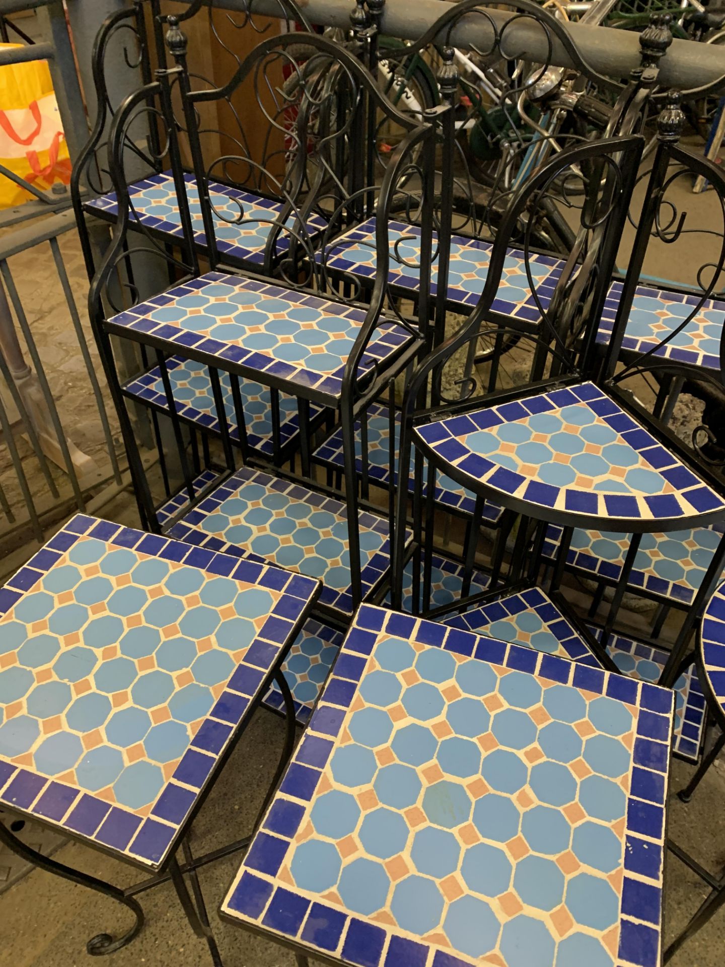 Group of metal framed and blue mosaic shelf units and side tables - Image 3 of 6