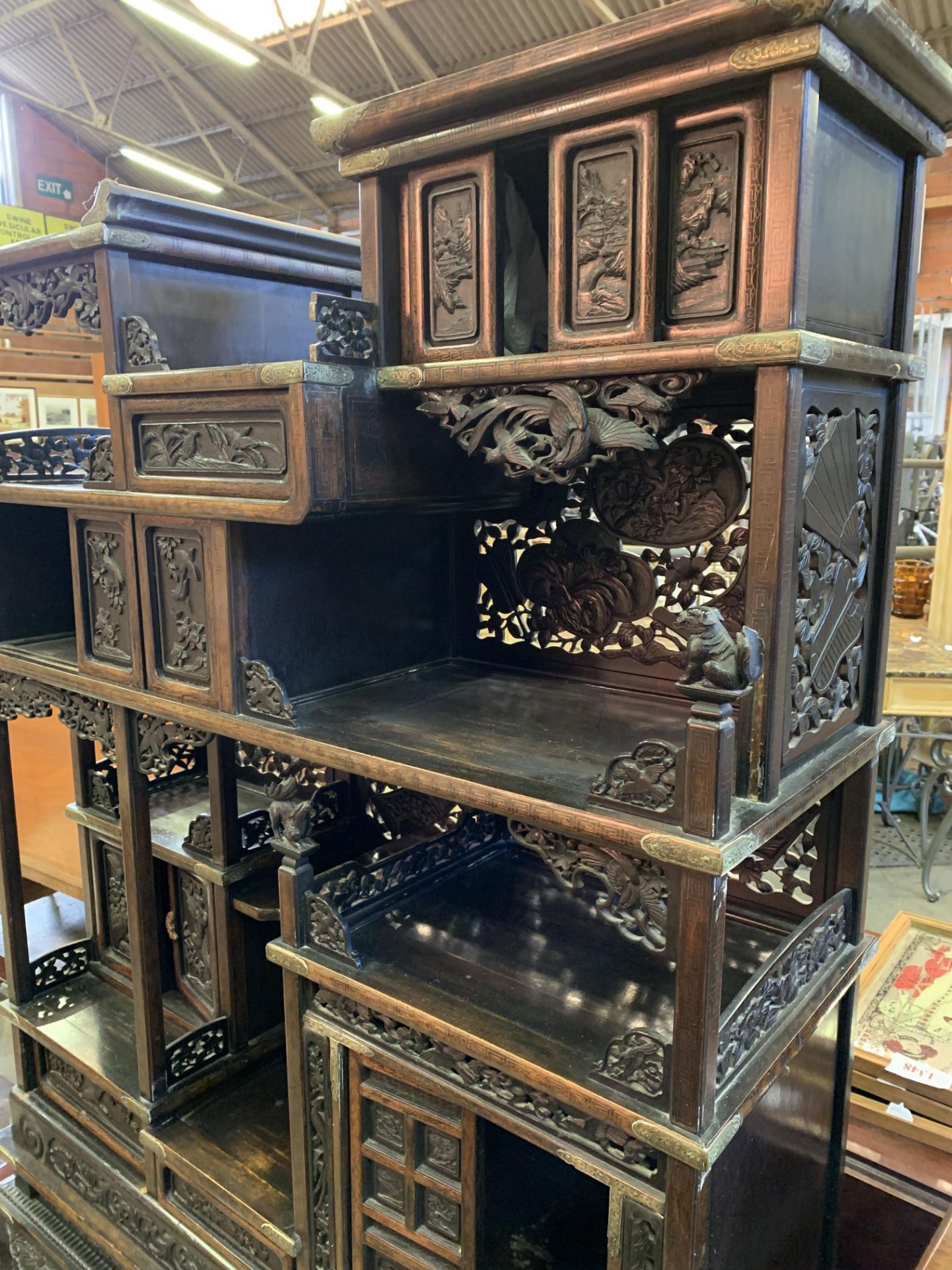 Carved wood Oriental brass bound display cabinet - Image 2 of 10