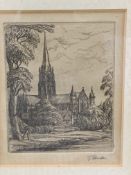 Framed and glazed etching of Salisbury Cathedral, together with a watercolour