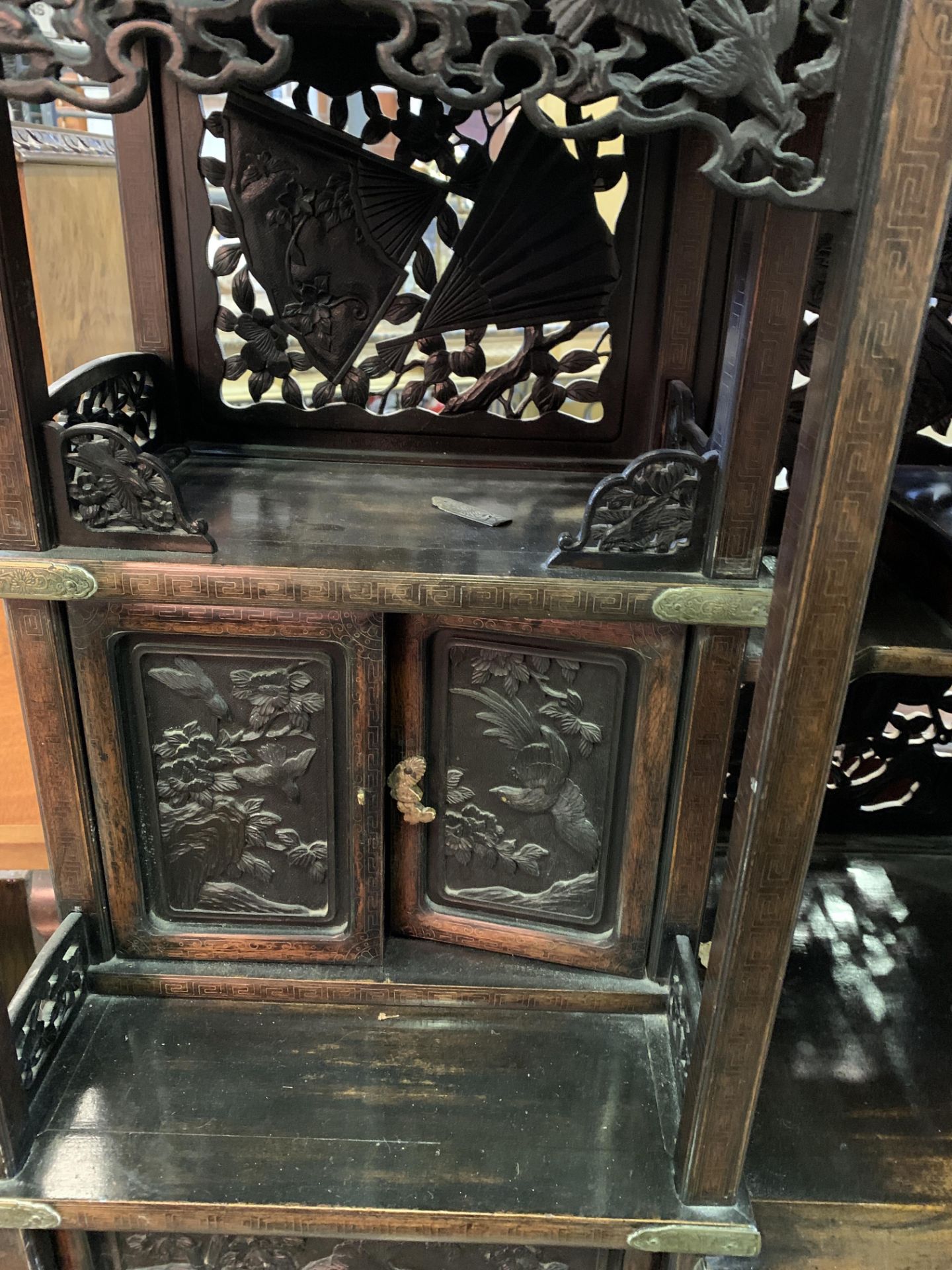 Carved wood Oriental brass bound display cabinet - Image 3 of 10
