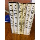 Three box sets of books on Raffaello, Leonardo da Vinci and Michelangelo