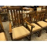 Two oak framed rail back carver chairs and 4 oak framed rail back dining chairs