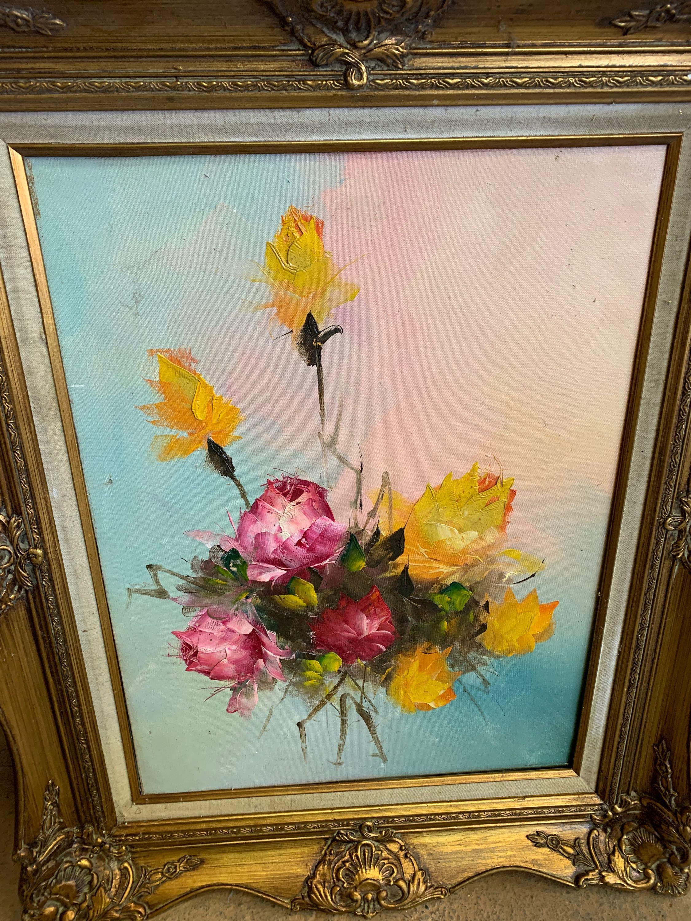 Ornately gilt framed oil on canvas still life flowers and two prints - Image 2 of 4