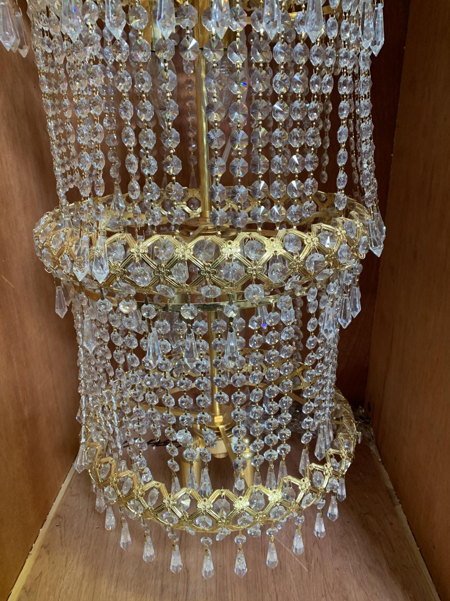 Brass effect and crystal 3 tier chandelier - Image 2 of 5