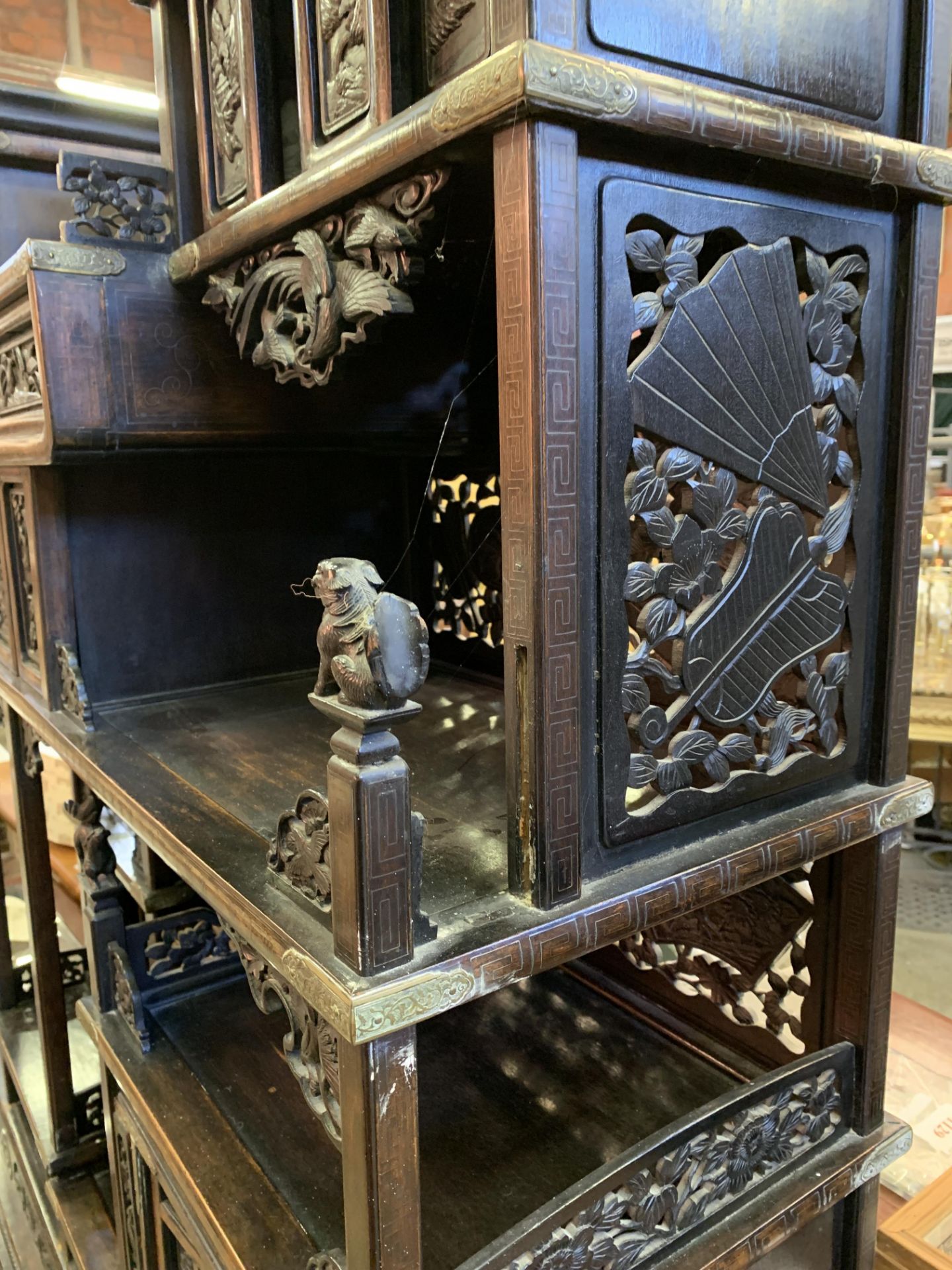 Carved wood Oriental brass bound display cabinet - Image 7 of 10