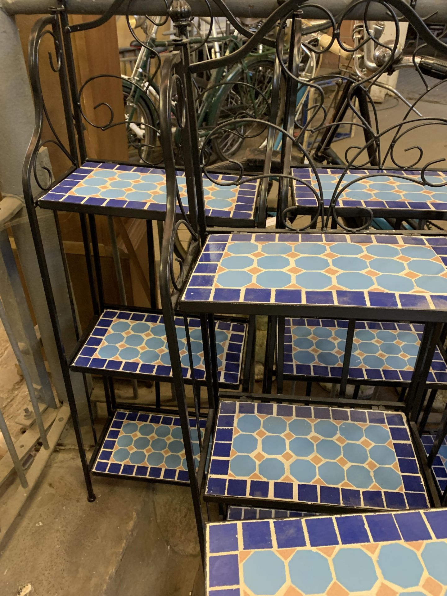 Group of metal framed and blue mosaic shelf units and side tables - Image 6 of 6