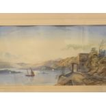 Large gilt framed and glazed watercolour of a lake scene, signed monogram E.E