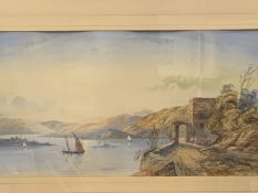 Large gilt framed and glazed watercolour of a lake scene, signed monogram E.E