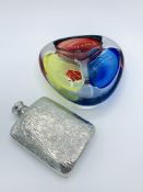 A pewter hip flask and a coloured glass trefoil bowl