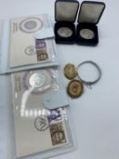 Four sterling silver commemorative coins and others