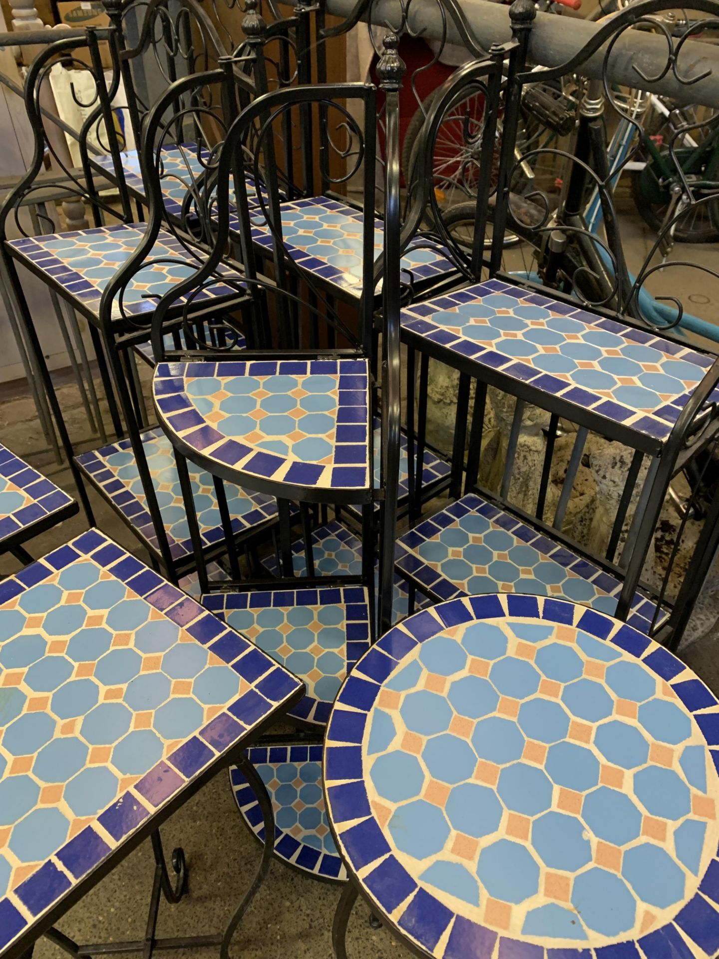 Group of metal framed and blue mosaic shelf units and side tables - Image 4 of 6