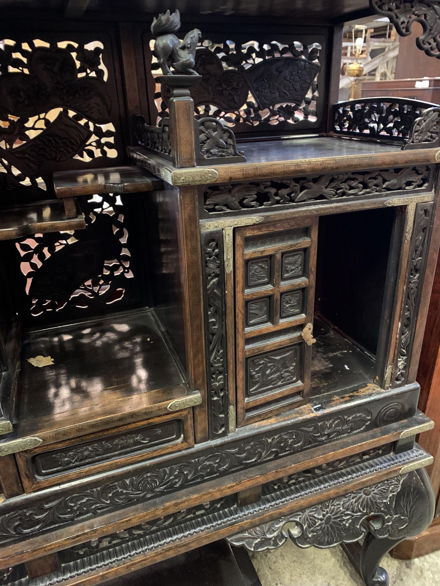 Carved wood Oriental brass bound display cabinet - Image 6 of 10