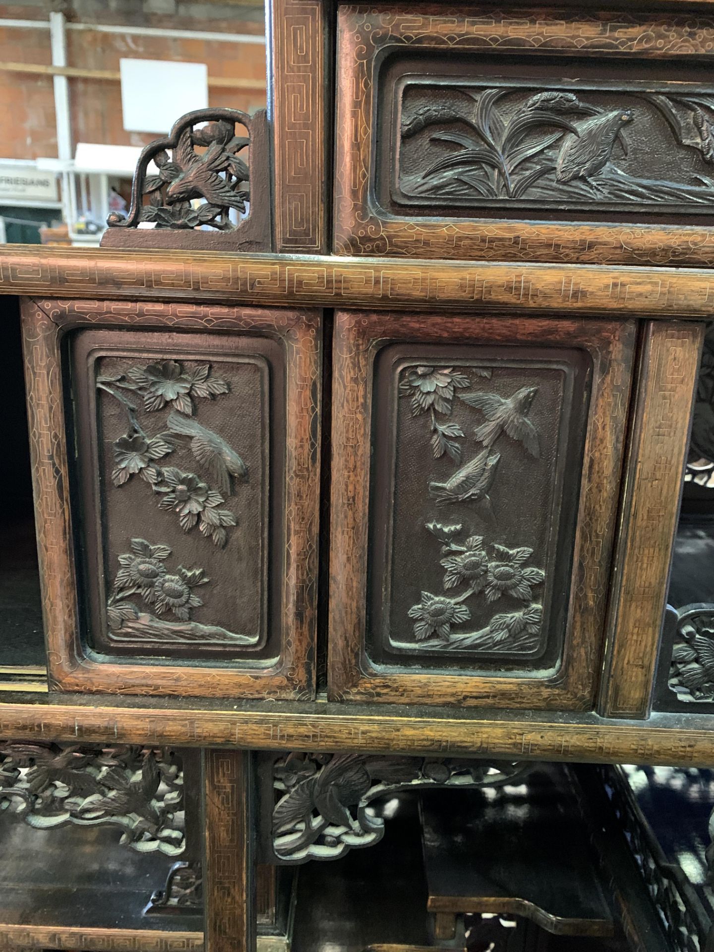 Carved wood Oriental brass bound display cabinet - Image 10 of 10