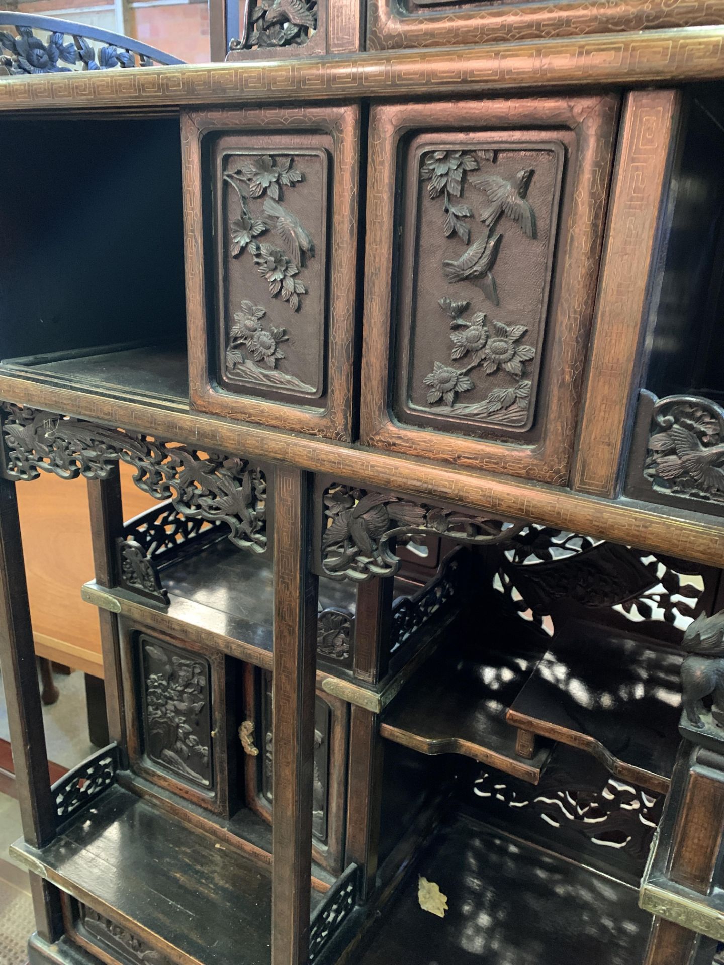 Carved wood Oriental brass bound display cabinet - Image 9 of 10