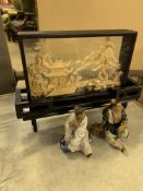 Two figures of Oriental gentlemen and a wood and glass case diorama