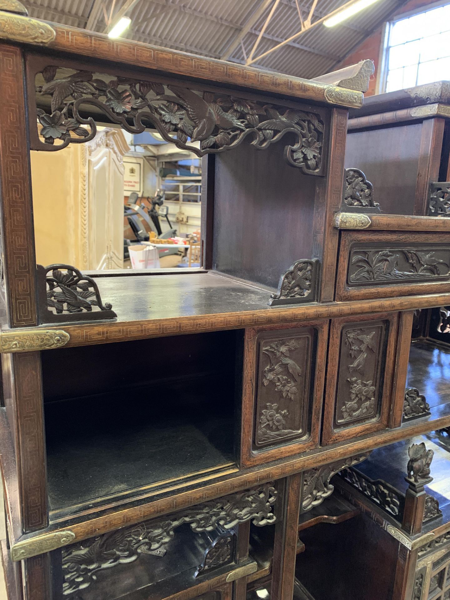 Carved wood Oriental brass bound display cabinet - Image 4 of 10