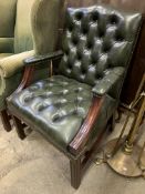 Mahogany framed green buttoned leather effect open elbow chair