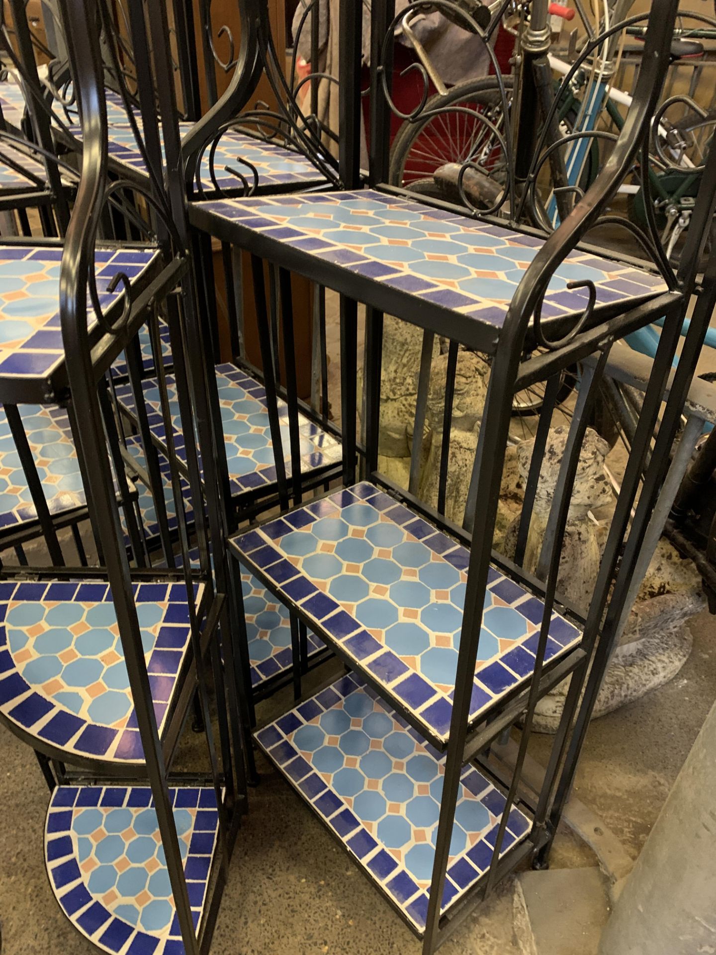 Group of metal framed and blue mosaic shelf units and side tables - Image 5 of 6