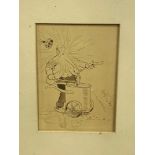 Unframed print of a cartoon by Tom B and a farmed and glazed print of a village scene