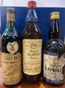 A bottle of Fernat-Branca, a bottle of Cloves cordial and a bottle of Phillips Lovage Cordial