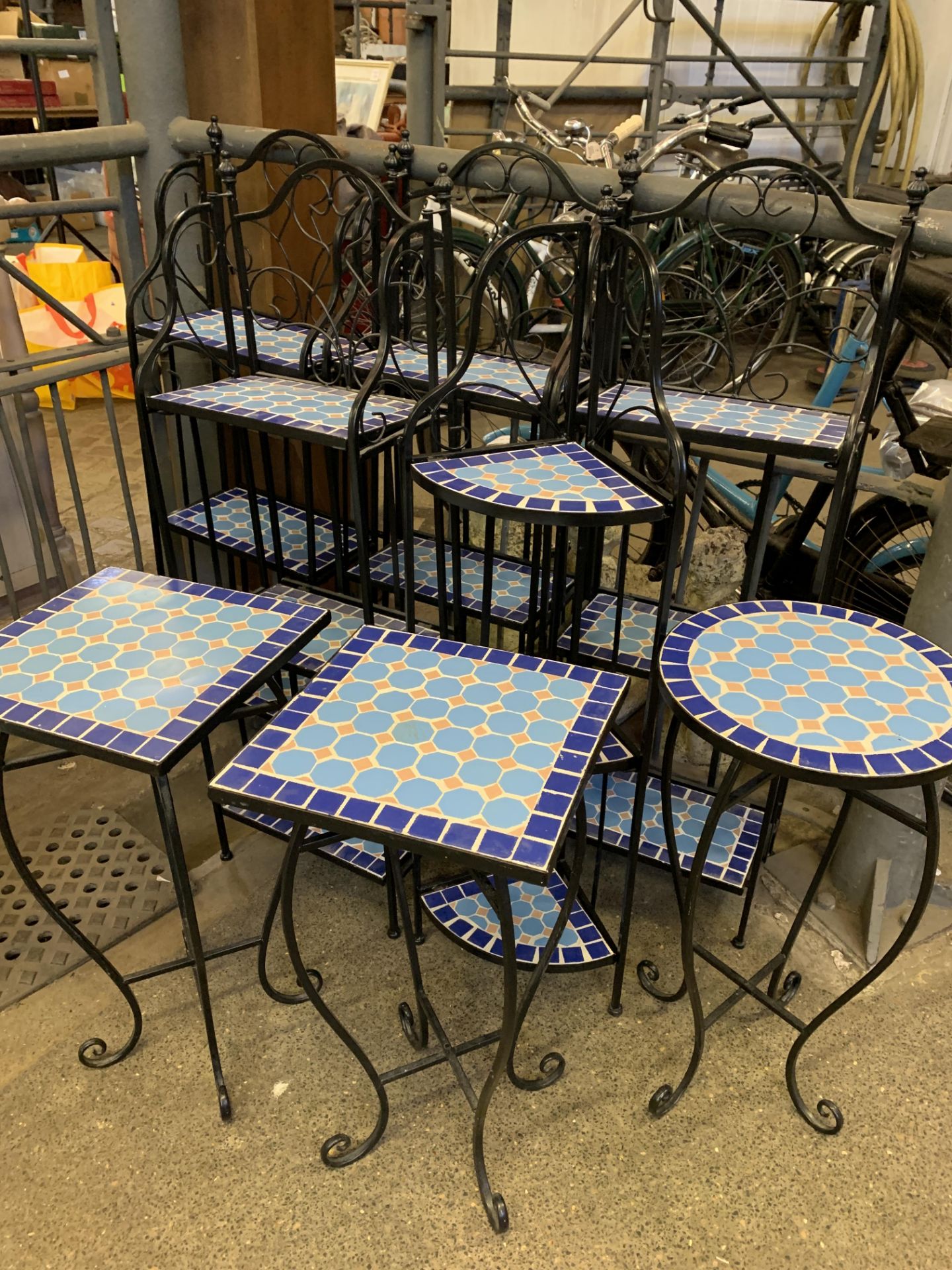 Group of metal framed and blue mosaic shelf units and side tables