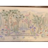 Framed and glazed sampler by Jane Bray dated November 1st 1885, a watercolour, and an embroidery