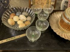 Stone and onyx eggs, an Elkington silver plated fluted dish, and other items