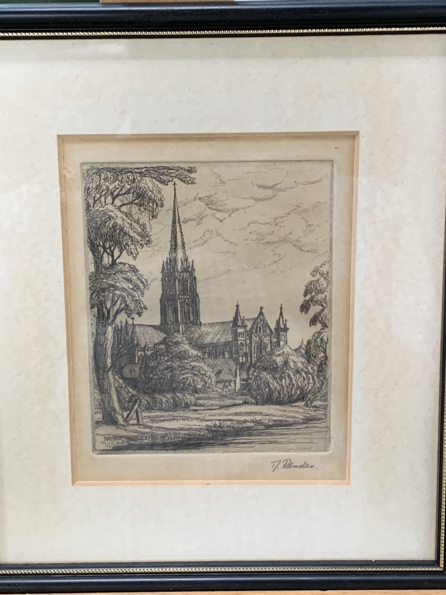 Framed and glazed etching of Salisbury Cathedral, together with a watercolour - Image 2 of 3