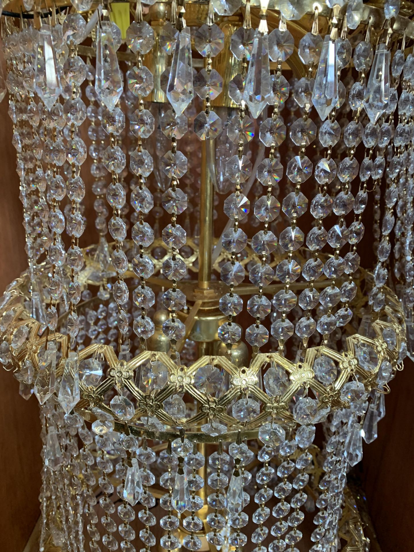 Brass effect and crystal 3 tier chandelier - Image 5 of 5