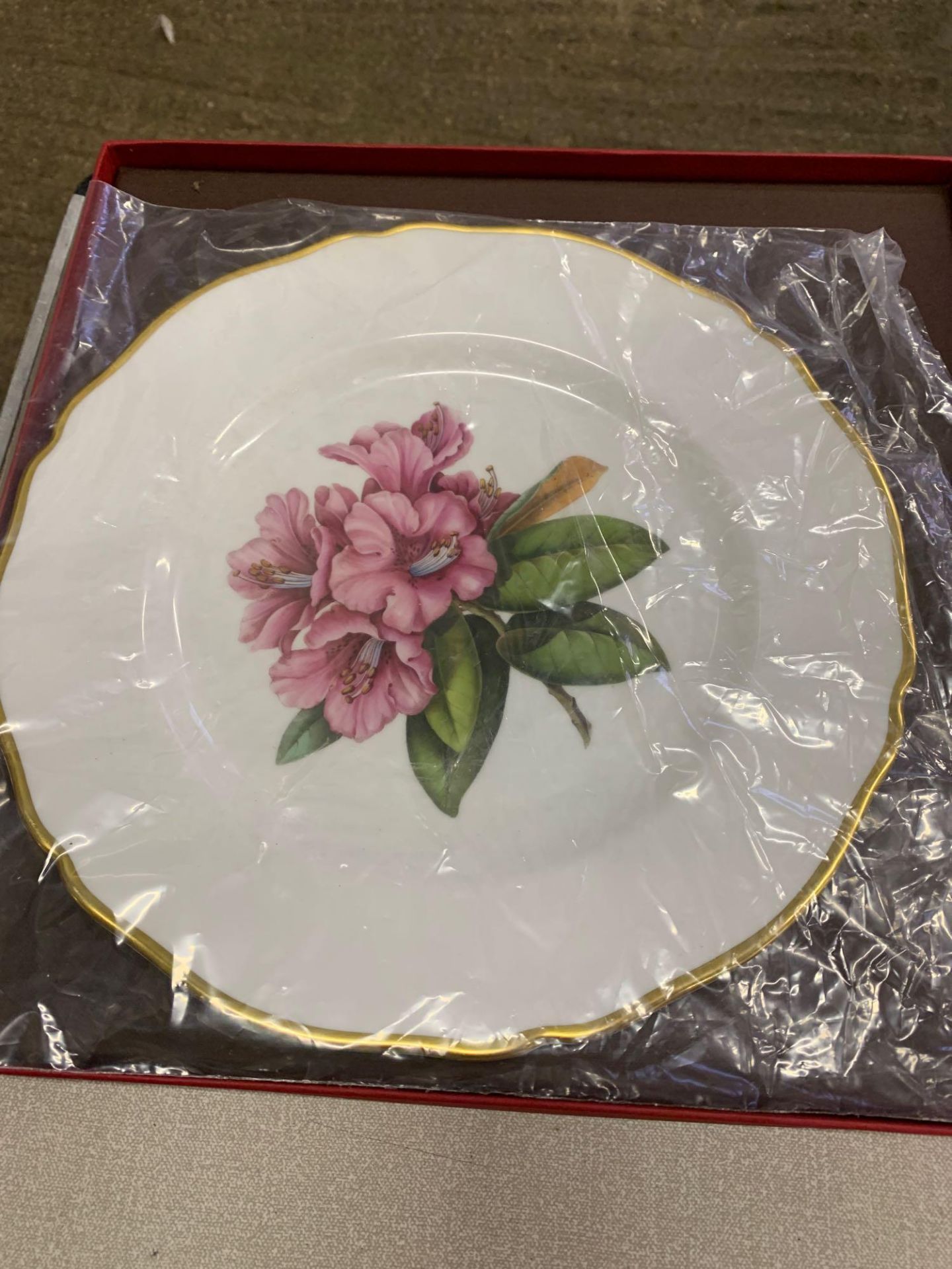 Two boxed hand painted plates