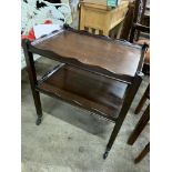 Mahogany two tier galleried trolley; mahogany occasional table; mahogany tambour fronted cabinet