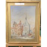 Gilt framed watercolour of a medieval street scene, unsigned; together with three others.