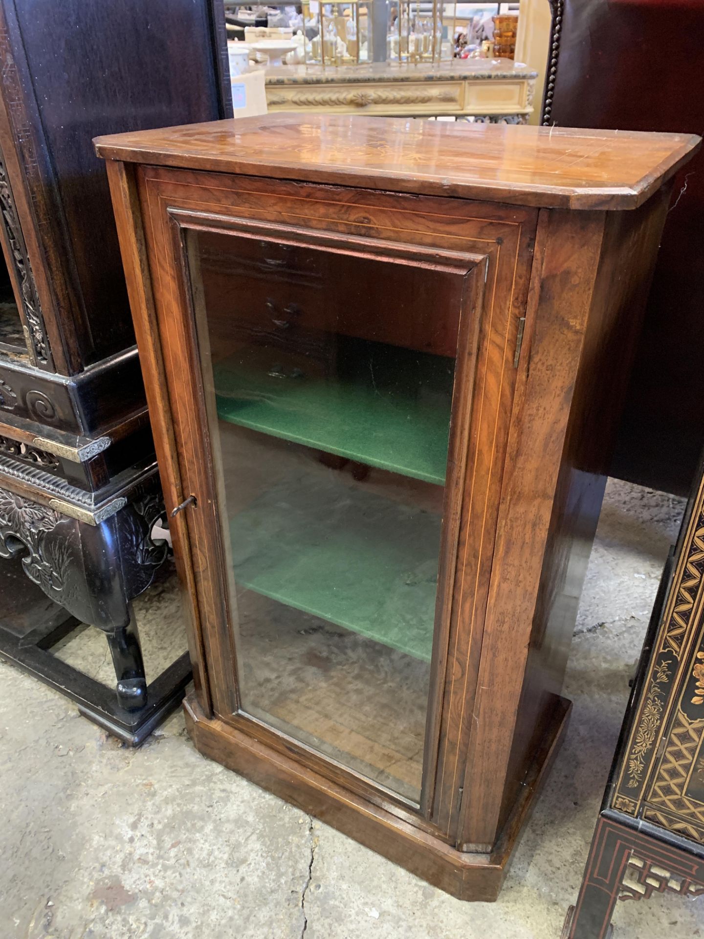 Inlaid walnut and mahogany glass fronted cabinet