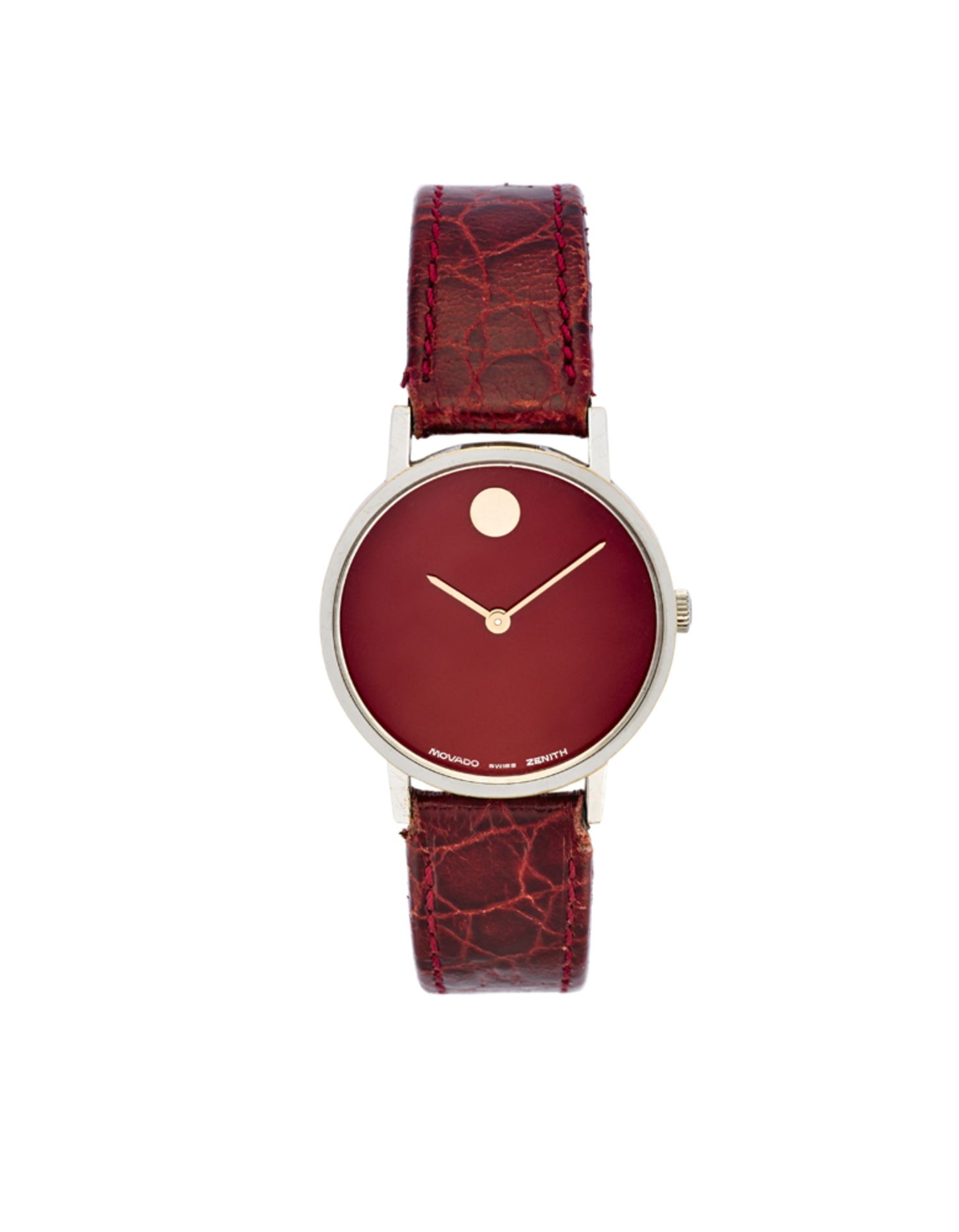 MOVADO ZENITHLady's steel wristwatch1970sDial signedManual-wind movementBordeaux dial with indexCase