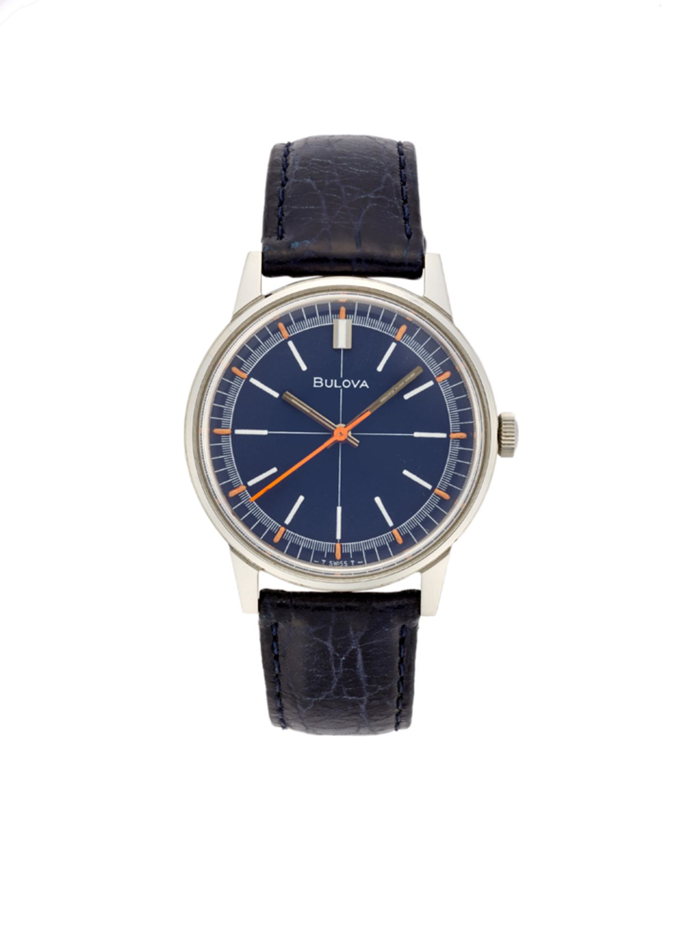 BULOVAGent's steel wristwatch1970sDial, movement and case signedAutomatic movementBlue dial with