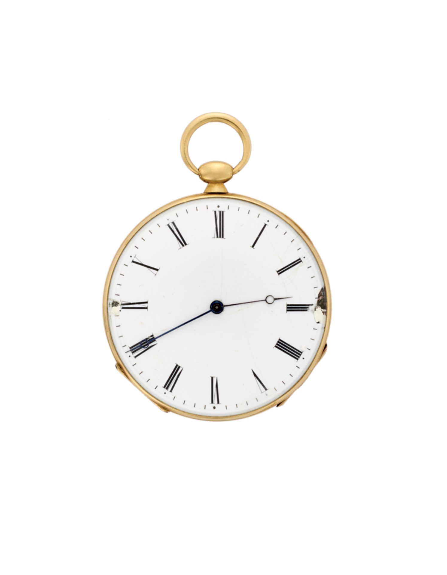ANONYMOUS<br>Gent's 18K gold pocket watch with enamel<br>18th century<br>Key-wind movement<br>White 