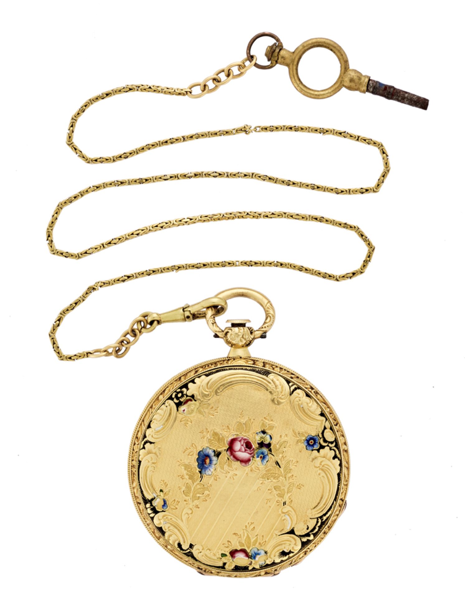 ANONYMOUS Gent's 18K gold pocket watch with enamel, gold chain19th centuryKey-wind movementCase n. - Image 2 of 2