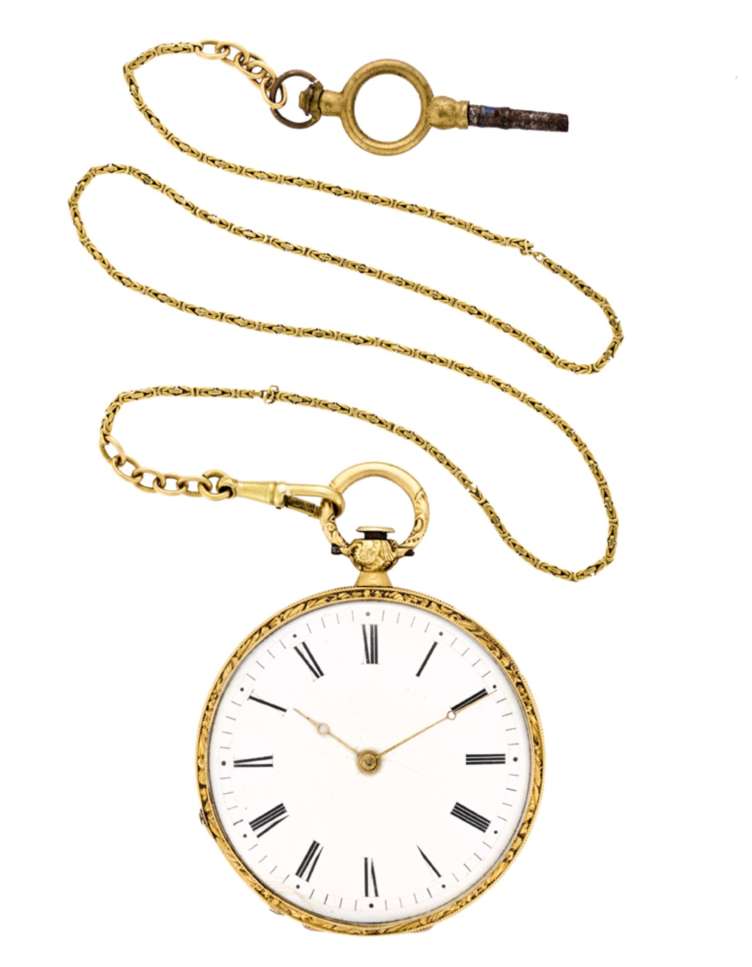 ANONYMOUS Gent's 18K gold pocket watch with enamel, gold chain19th centuryKey-wind movementCase n.