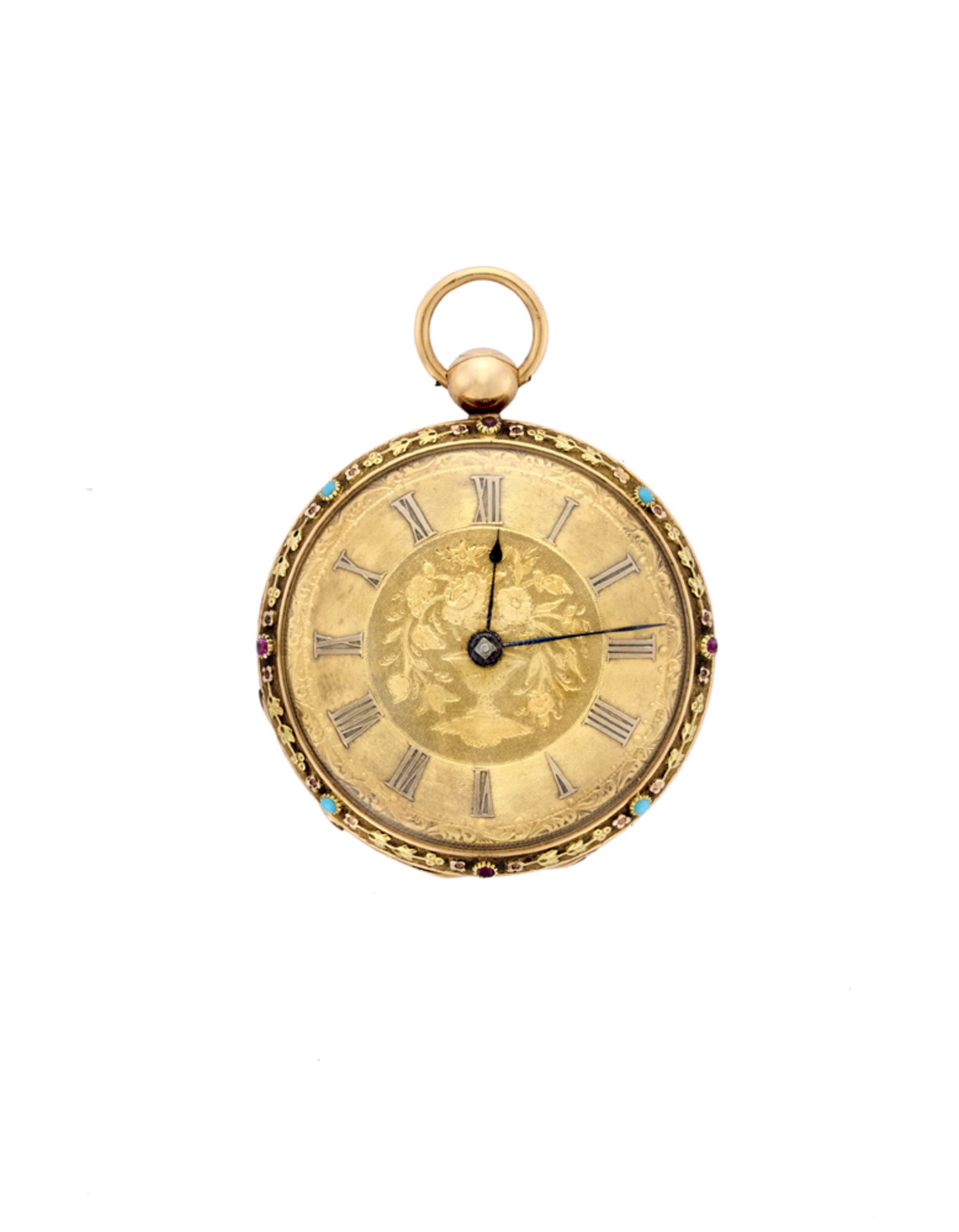 ANONYMOUSLady's 18K gold pocket watch with gems19th centuryKey-wind movementGolden dial with Roman