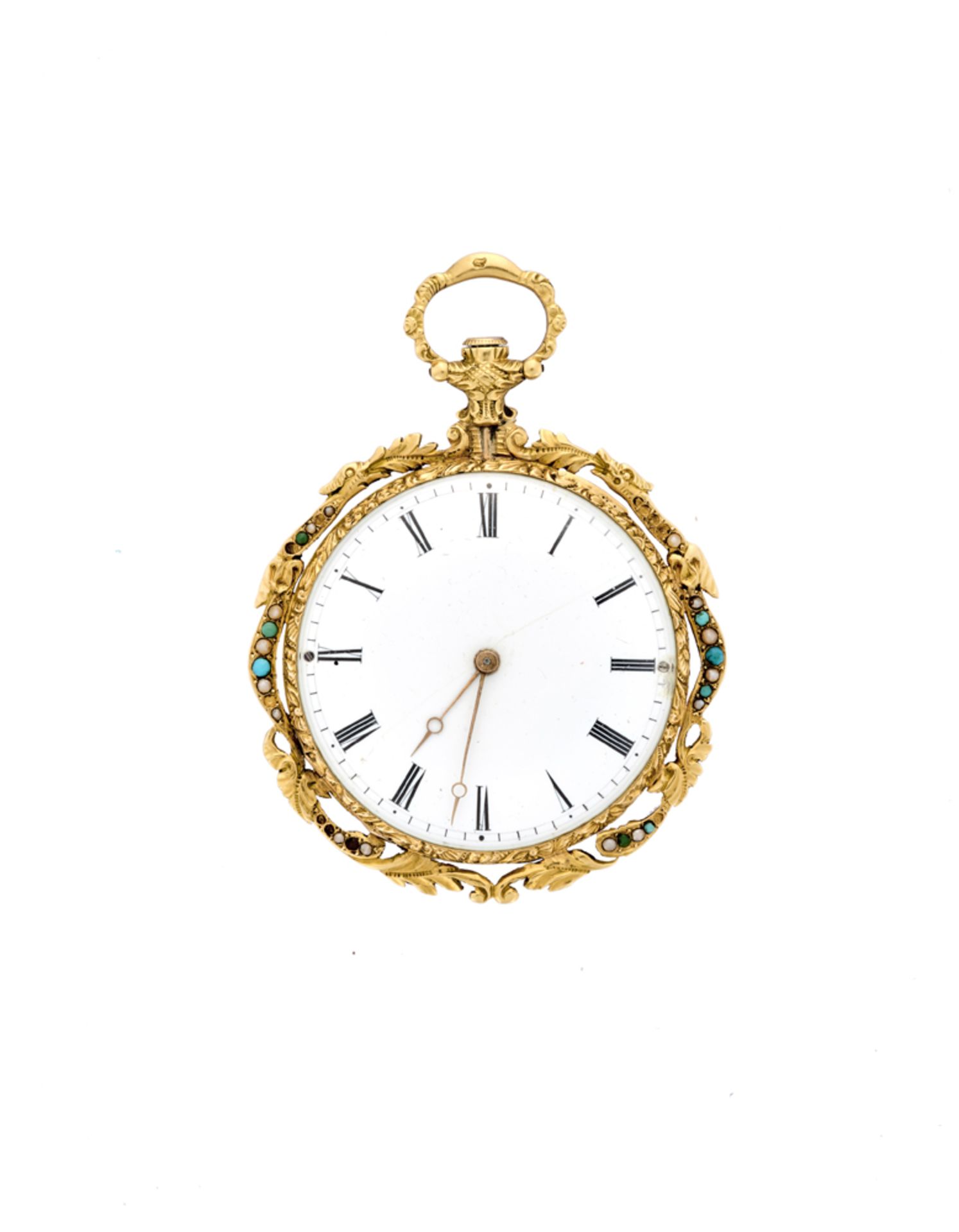 ALLEGRONE & EMERYLady's 18K gold pocket watch with small turquoise19th centuryCase signedKey-wind