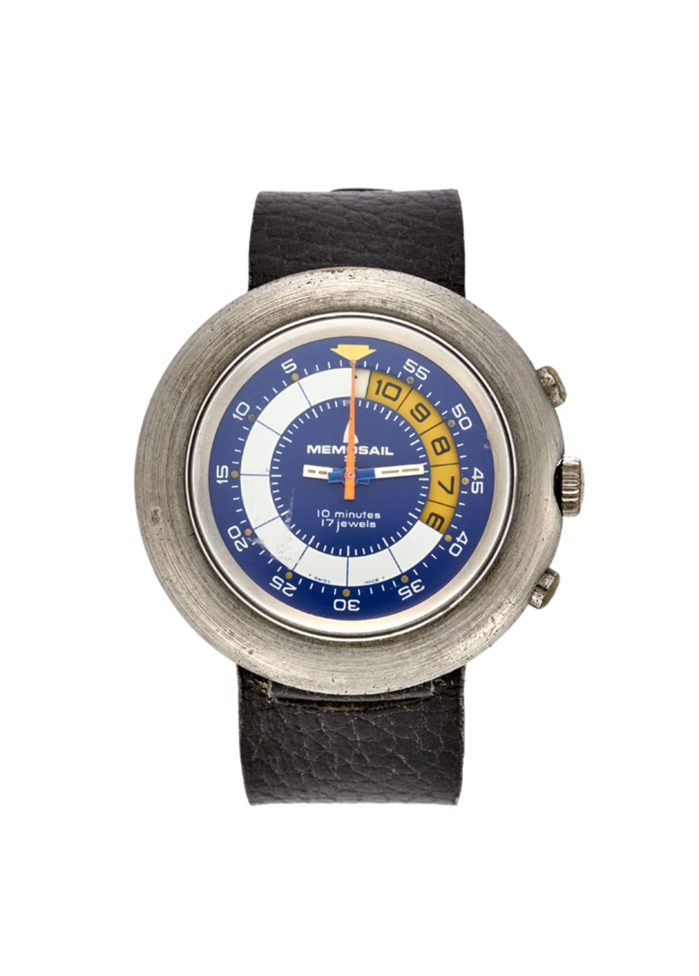 MEMOSAILGent's Steel and metal wristwatch1970sDial signedManual-wind movementBlue dial with Arabic