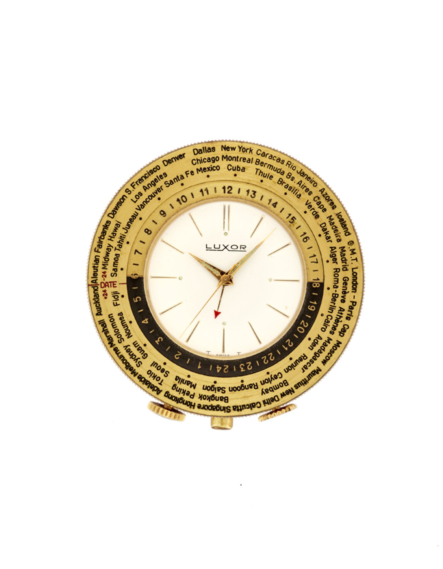 LUXORMetal plated-gold travel clock1960s/1970sDial signedManual-wind movementWhite dial with applied