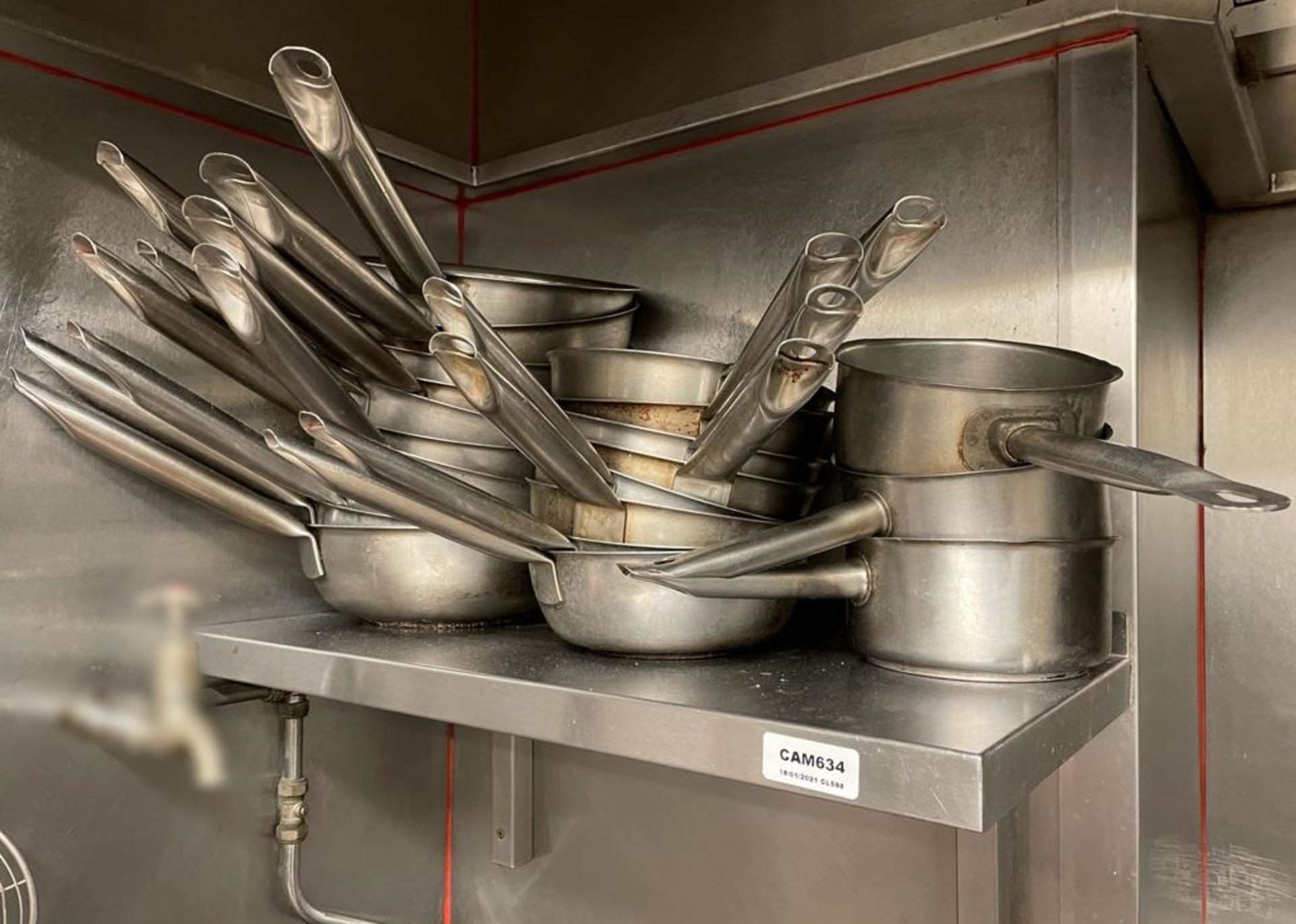 1 x Stainless Steel Shelf With 21 x Assorted Pans - Dimensions Of Shelf: 66 x 30cm - Ref: CAM634 -