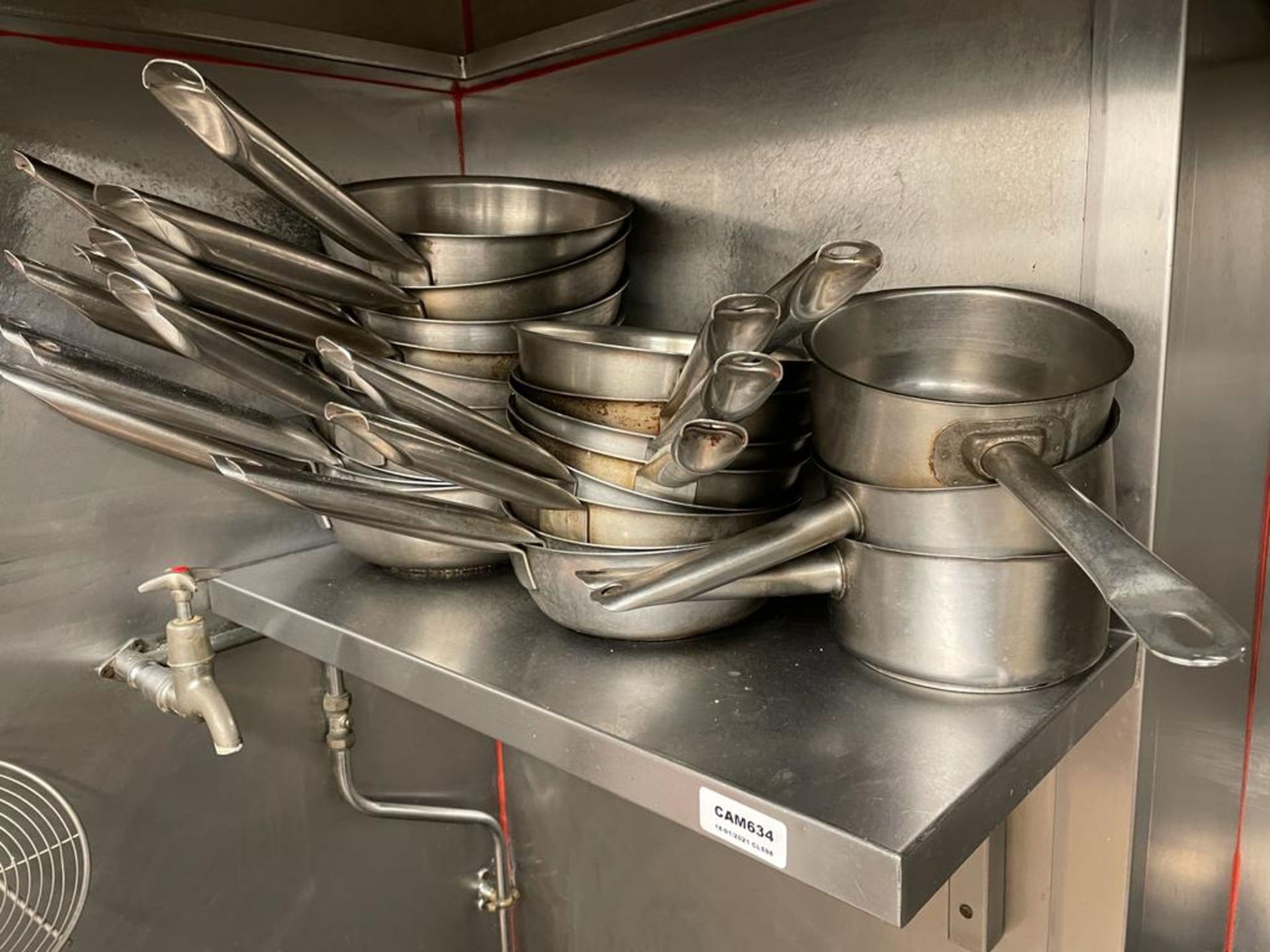 1 x Stainless Steel Shelf With 21 x Assorted Pans - Dimensions Of Shelf: 66 x 30cm - Ref: CAM634 - - Image 2 of 2