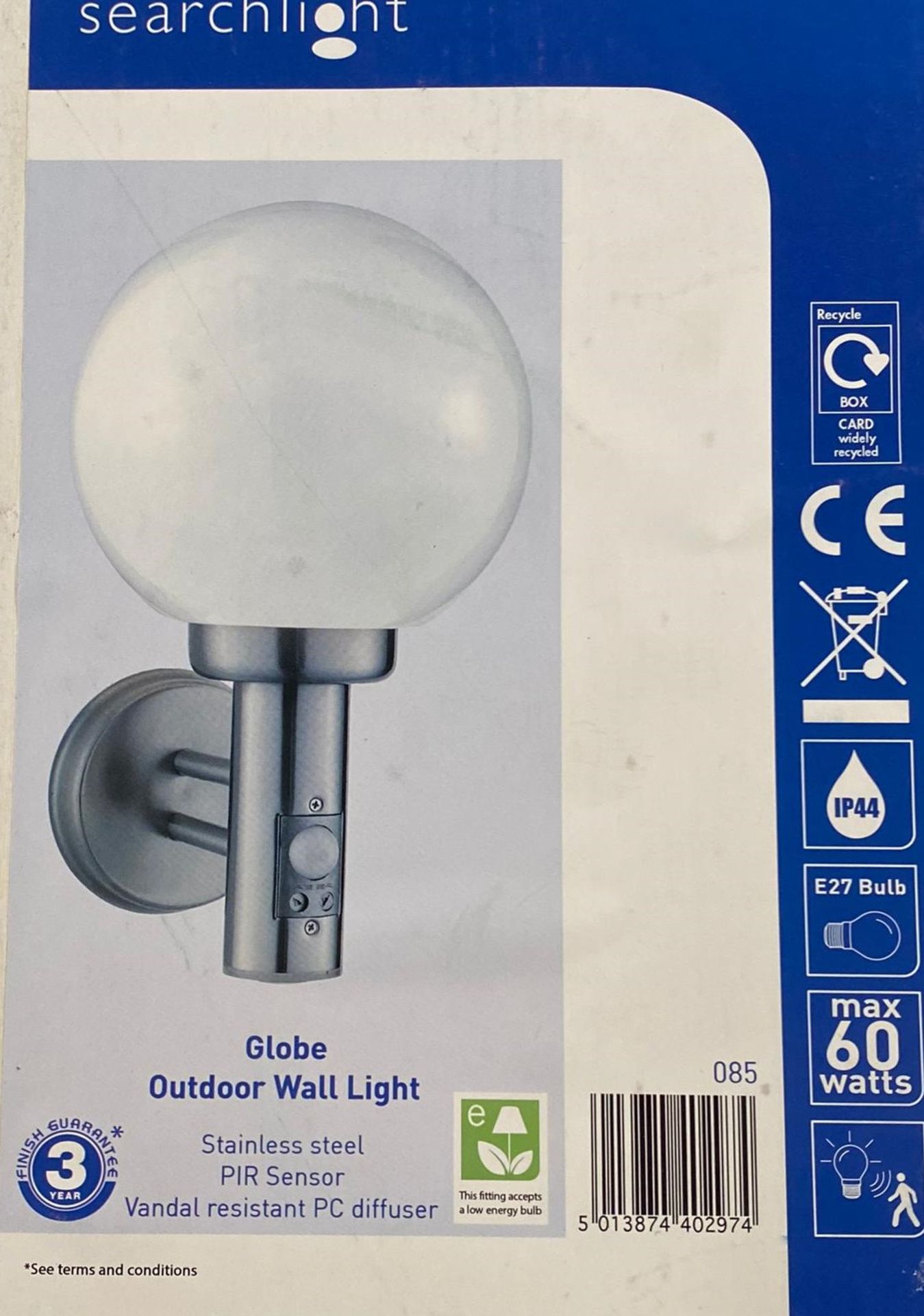 1 x Searchlight Globe Outdoor Wall light in Stainless Steel - Ref: 085 - New Boxed - RRP: £75 (each)