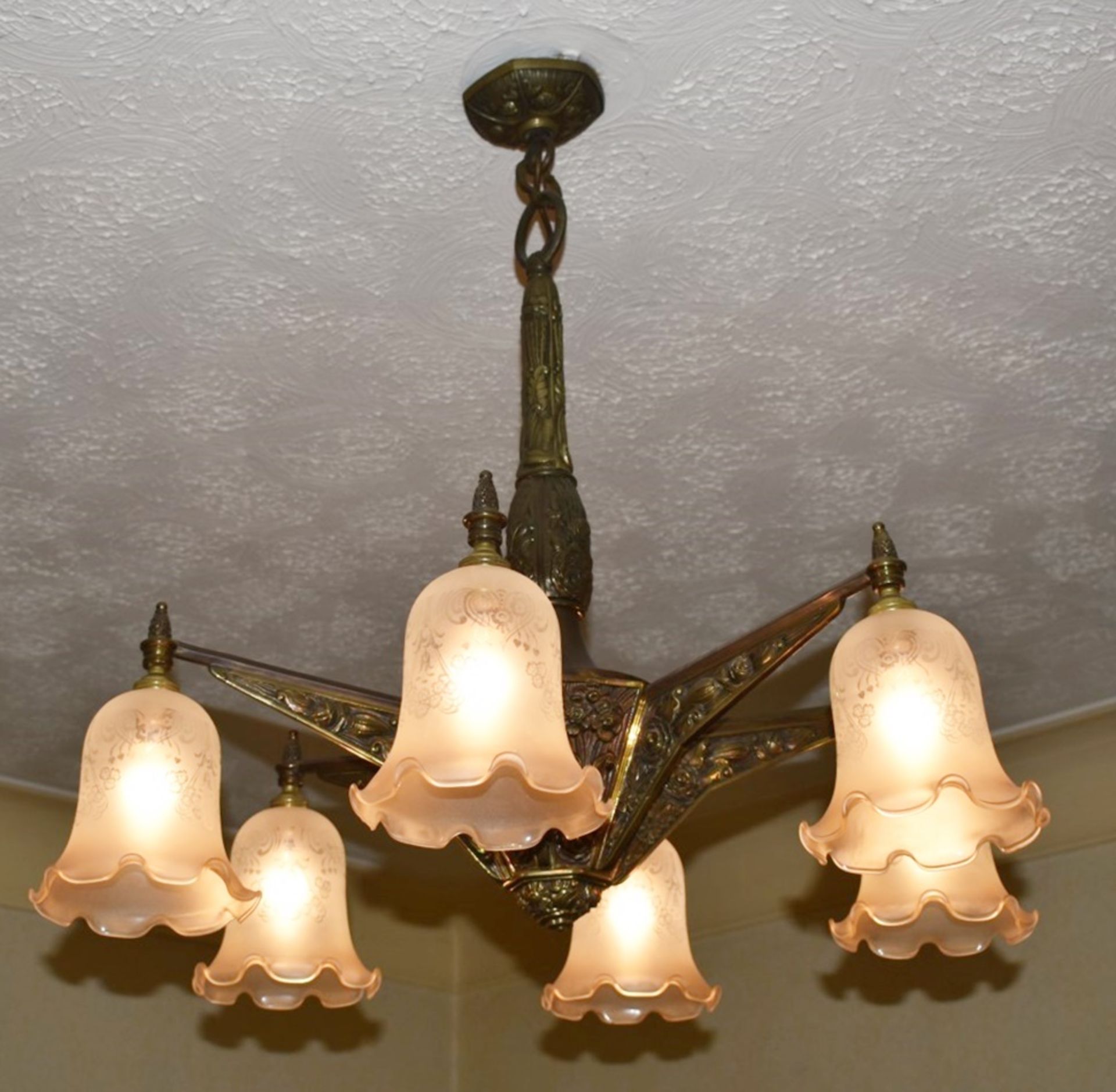 1 x Vintage 6 Light Bronze Chandelier With Frosted Glass Tulip Bell Shades - Dimensions: Drop 72 x - Image 14 of 14