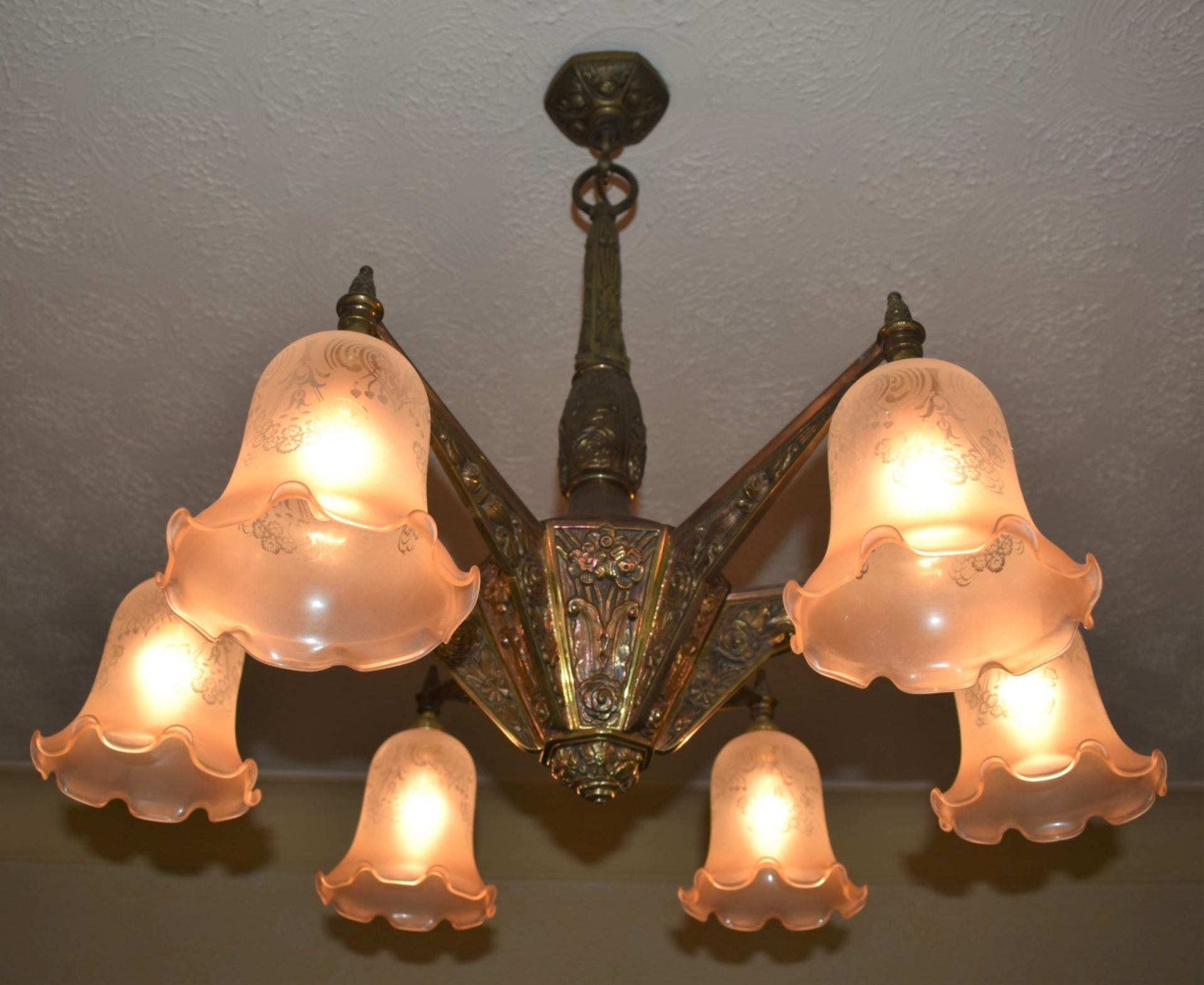 1 x Vintage 6 Light Bronze Chandelier With Frosted Glass Tulip Bell Shades - Dimensions: Drop 72 x - Image 6 of 14