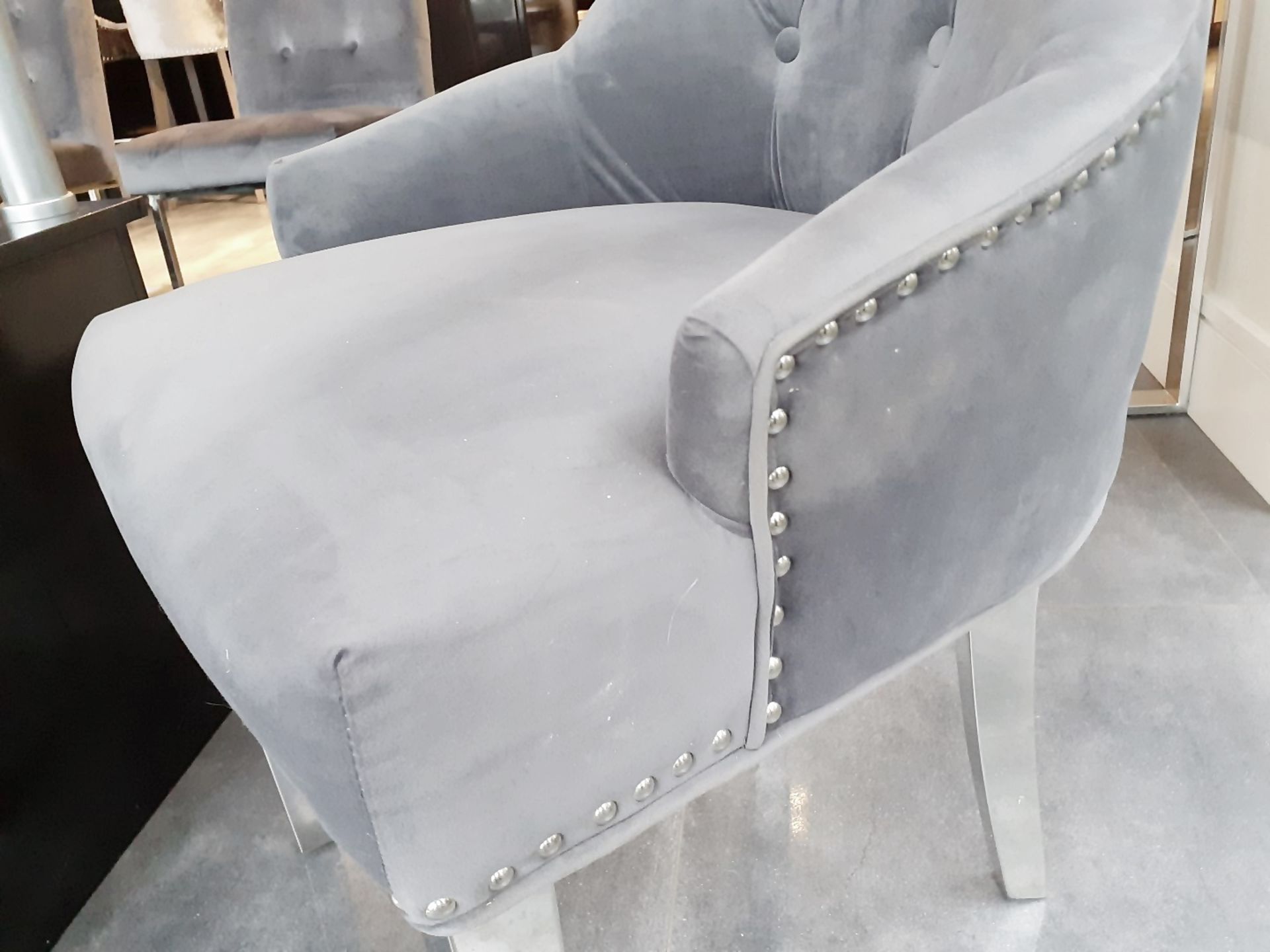 6 x Button Back Dining Chairs Upholstered In A Rich Grey Velvet Fabric - NO VAT ON THE HAMMER - Image 6 of 7